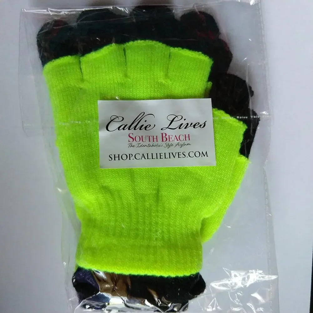 Stasia Neon Pink: Double Layered Knit Fingerless + black Finger Gloves OSFM